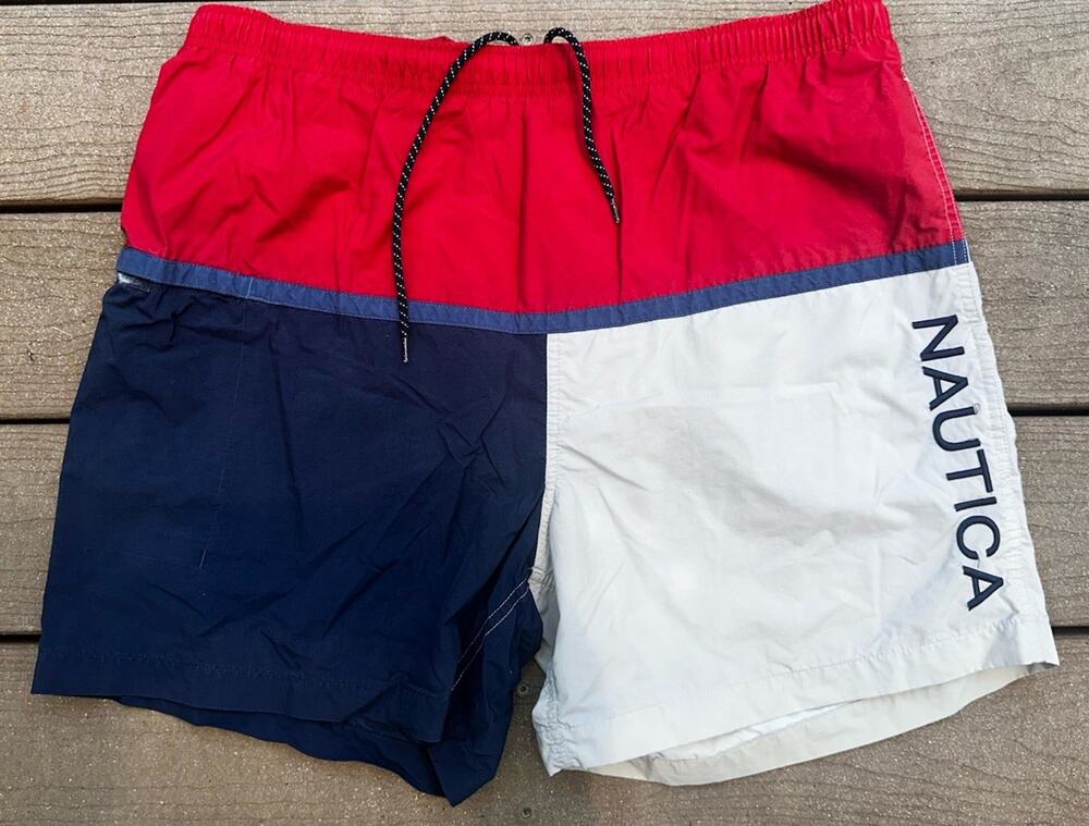 VTG Nautica Swim Trunks *RED WHITE & BLUE* Mesh Lined Suit Swimming Mens Large